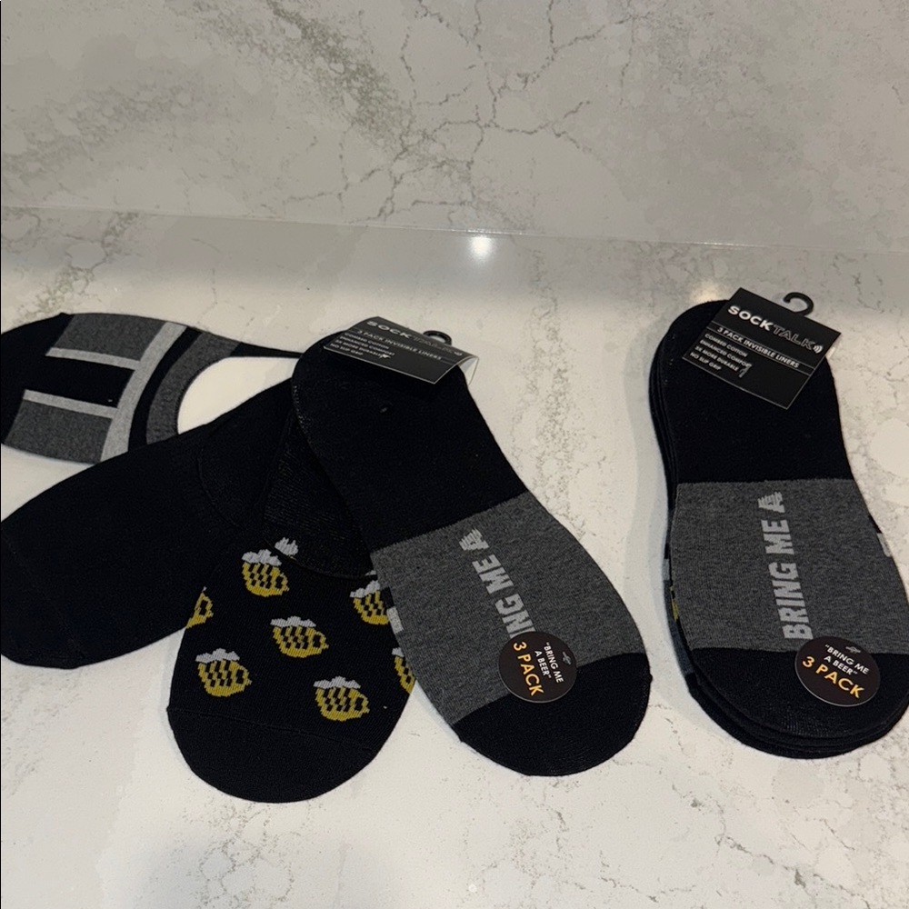 6 pair Socktalk novelty Men's Socks - black and grey no show. 2 packs of 3 each.